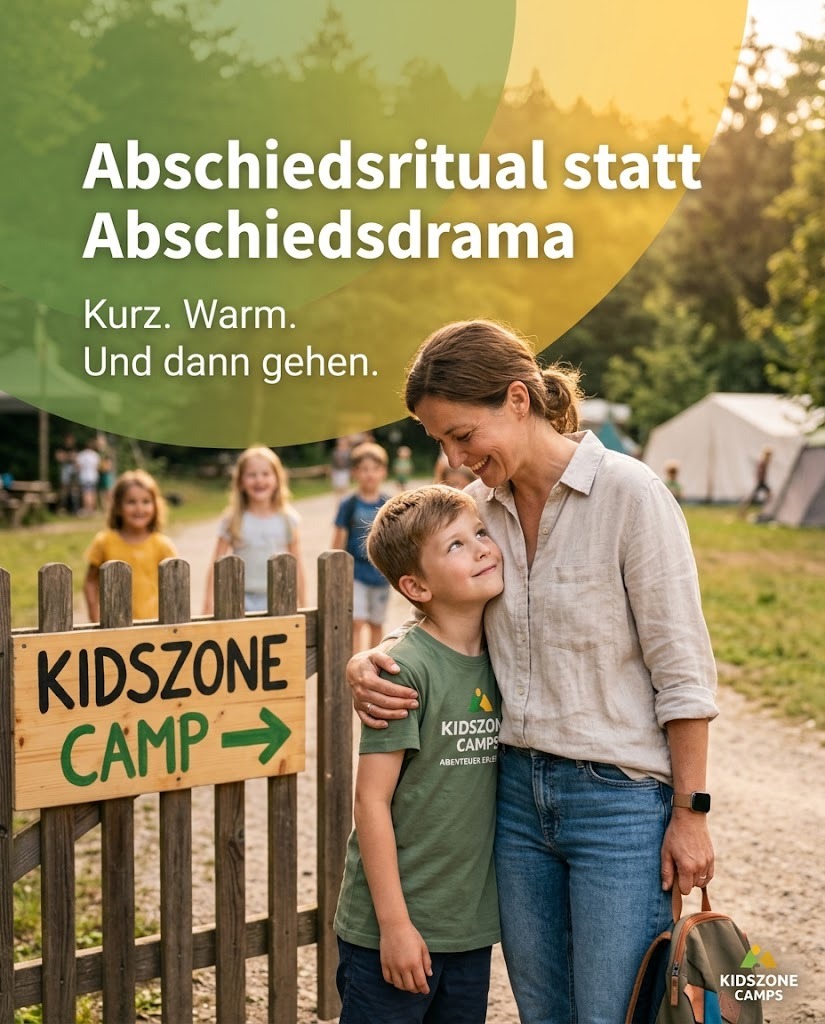 Abschiedsritual statt Abschiedsdrama – Mutter und Kind am Feriencamp-Eingang